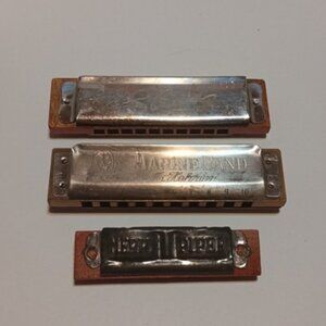 Lot Of 3 Vintage Wooden Harmonicas Marine Hohner Star Merry Piper